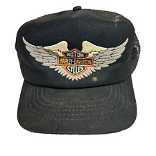 Harley Davidson Hat Snapback Black 1980's Foam Mesh USA Vintage Wings Shield picture