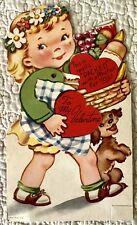 Vintage Valentine Girl Dog Basket Large Mechanical Greeting Card 1940s 1950s picture