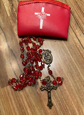 VINTAGE Red Lucite Gold Tone Rosary Saint Therese Center w Case 20