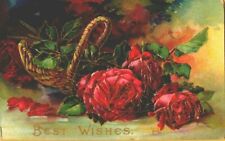 Beautiful Antique Glossy Embossed Rose Basket Best Wishes Colorful Old Postcard picture
