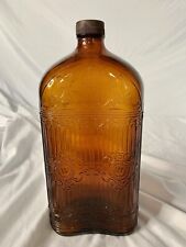 Vintage TRADEMARK W Brown Amber Glass Hiram Walker Flask Style Bottle 10”H picture