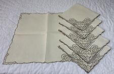Six Antique Lg. Dinner Napkins, Antique White & Beige, Flower Embroidery, Linen picture
