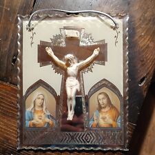 OLD VINTAGE MARY JESUS CRUSIFIX RELIGIOUS CUT GLASS WALL HANGING picture