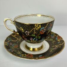 Vtg Tuscan Black with Colorful Floral Bone China Cup & Saucer Gold Trim England picture