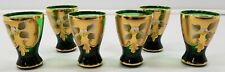 VC) Vintage Set of 6 Murano Green Gold Tone Floral Shot Glasses Italy picture