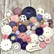 Vintage to Mod Pink Purple White Button Lot x43 Buttons Cat Rabbit Ceramic More picture