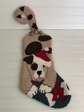 Vintage Knit Christmas Stocking Hand Loomed Brown Bull Dog Bells Hat picture