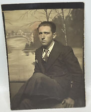 Vtg Studio Pose Photo Handsome Serious Young Man Suit Tie Painted Backdrop picture