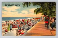 Ft. Lauderdale FL-Florida, Busy Boardwalk & Beach, Antique Vintage Postcard picture