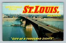 St. Louis MO, Greetings, Eads Bridge Mississippi River Vintage Missouri Postcard picture