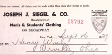 1939 JOSEPH J. SIEGEL MENS CLOTHING NY WALLS ORRVILLE OHIO BILLHEAD INVOICE Z250 picture