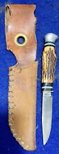 Vintage Hubertus Solingen Knife Germany Stag Handle Rostfrei W/Handmade Sheath picture