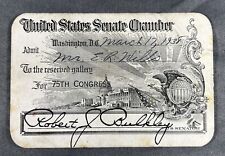 VINTAGE ORIGINAL SENATE CHAMBER PASS 1938 signed by SENATOR ROBERT J BULKLEY picture