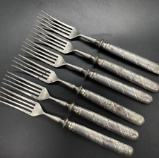 Vintage Set of 6 Floral Stainless Steel Forks Ussr 1930-1950 Beautiful Rare Art picture