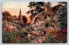 Cottage Gardens Man Flower Garden Church in Background Tuck's Oilette PC c1907 picture