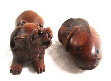 2 UNCOMMON TINY CARVED WOOD OJIME-SIZE NETSUKES, FISH & TIGER, REAL GLASS EYES picture