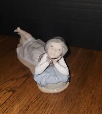 NAO by LLADRO LRG Figurine Girl Laying on Stomach Daydreaming Hands By Chin RARE picture