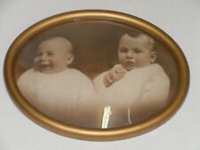 ANTIQUE VINTAGE WOOD OVAL FRAME CONVEX GLASS PICTURE OF 2 BABIES EARLY 1900'S picture