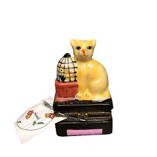 Cat Gift Box Porcelain Birdcage Hinged w Trinket Bird Present Jewelry Vintage picture