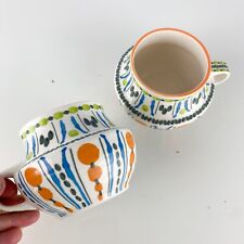 2 Anthropologie Fabrique En Chine Strip Decorated Green Blue Orange Painted Mugs picture