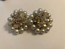 vintage estate faux pearl and clear bead clip on earrings picture