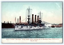 c1910 US Cruiser Brooklyn Firing Salute Brooklyn Navy Yard Polychrome Postcard picture