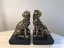 Leopard Jaguar Panther Cat Glazed Ceramic MCM Bookends Gold Black picture