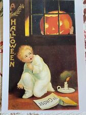 vintage Halloween postcard thrilling scared child pumpkin candle picture