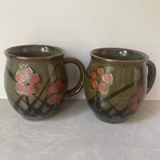 Japan Stoneware Round Green Flower Coffee Mugs Tea Cups Vintage 70’s~ Set of 2 picture