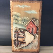 Vintage 1970s 3D H Nadeau Hand Carved Painted Wood Plaque Picnic Fire Farm House picture