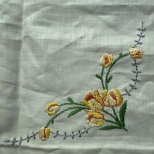 Vtg Hand Embroidered Linen Table Topper 34x33 Yellow Floral picture