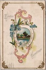 Vintage 1912 EASTER Postcard Cottage Scene / White Horseshoe / Forget-Me-Nots picture