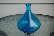 Vtg Glass Blue Quilted Diamond Pattern Squat Bottle Decanter  Empoli Italy  8.5