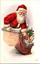 Antique Christmas Postcard Santa Red Coat Classic Chimney Toy Bag Poem 158 picture