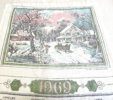 VTG 1969 Linen Calendar Tea Towel Currier & Ives Farmhouse Sleigh Snow Scene picture