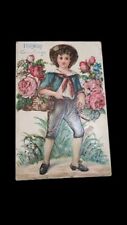 Antique Birthday Greetings Victorian Boy With Flowers Postcard picture