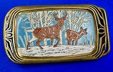 Deer Doe Fawn Buck in woods - vintage 1983 solid brass NAP Inc., belt buckle picture