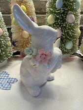 Springtime Standing Easter Bunny Rabbit with Pink & Green Rose Flower Figurine picture