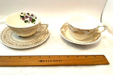 2 Sets VTG Porcelain Cup & Saucer Cream W/ Gold Detail Violets picture