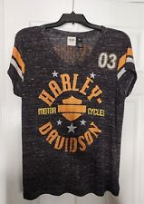 Ladies Preowned Harley Davidson Black Polyester SS V Neck Shirt Orange Bling 1W picture