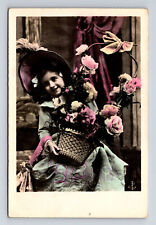 RPPC Young French Girl in Bonnet Hat Basket Flowers Hand Colored Postcard picture