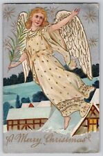 Merry Christmas Angle in White Embossed Gold Gilt Silver Antique Postcard 1910s picture