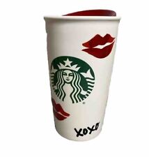 2015 Starbucks Ceramic Cup w/ Lid  XOXO Kiss Lips Hugs Tumbler 12 oz Red & White picture