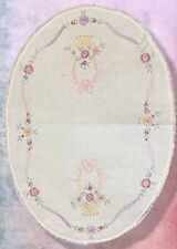 VTG Floral Embroidered Oval Centerpiece Linen or Dresser Scarf Trimmed in Lace picture