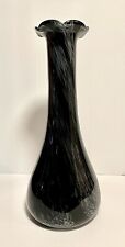 Beautiful Black & Gray Ruffled Top Hand Blown Art Glass Vase 16.5” Tall picture