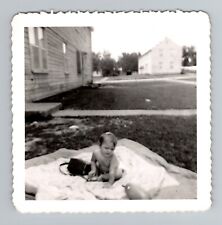 Vintage Photo - 1950s 60s Baby on Blanket front Yard - Black and White Snapshot picture