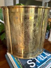 Vintage -Made in Hong Kong Solid Brass Plant Holder-Trash Bin with wildlife etch picture