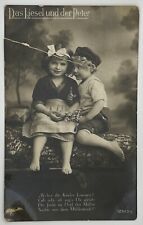 Antique 1910s German Postcard Boy & Girl Picnic In Woods On Stump picture