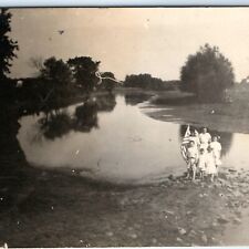 c1910s 4th of July Picnic RPPC Kids in Pond +Flag Real Photo Plentywood, MT A125 picture