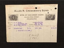 1909 USED BILLHEAD ALLEN R. CRESSMAN'S SONS PHILA PA CIGAR MFGR ILLUS LABELS picture